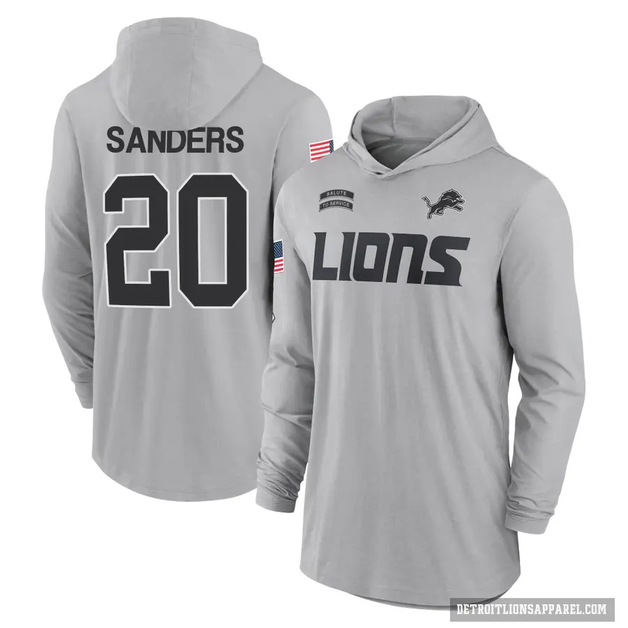 Men's ＃20 Barry Sanders Detroit Lions Gray 2024 Salute to Service Lightweight Performance Long Sleeve Hooded T-Shirt