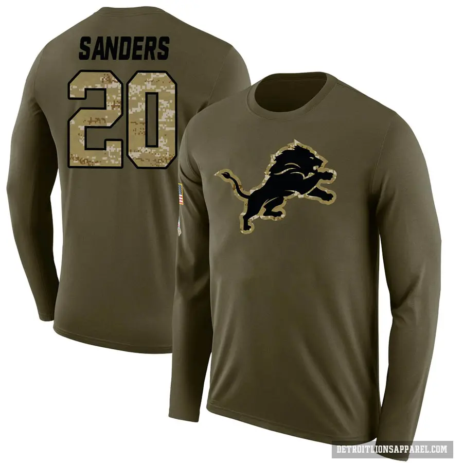 Men's ＃20 Barry Sanders Detroit Lions Olive Salute to Service Sideline Long Sleeve T-Shirt