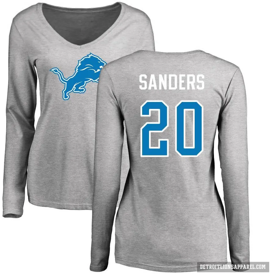 Women's ＃20 Barry Sanders Detroit Lions Ash Logo Slim Fit Long Sleeve T-Shirt