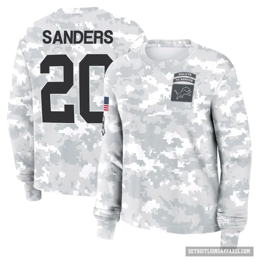 Women's ＃20 Barry Sanders Detroit Lions Camo Arctic 2024 Salute to Service Long Sleeve T-Shirt