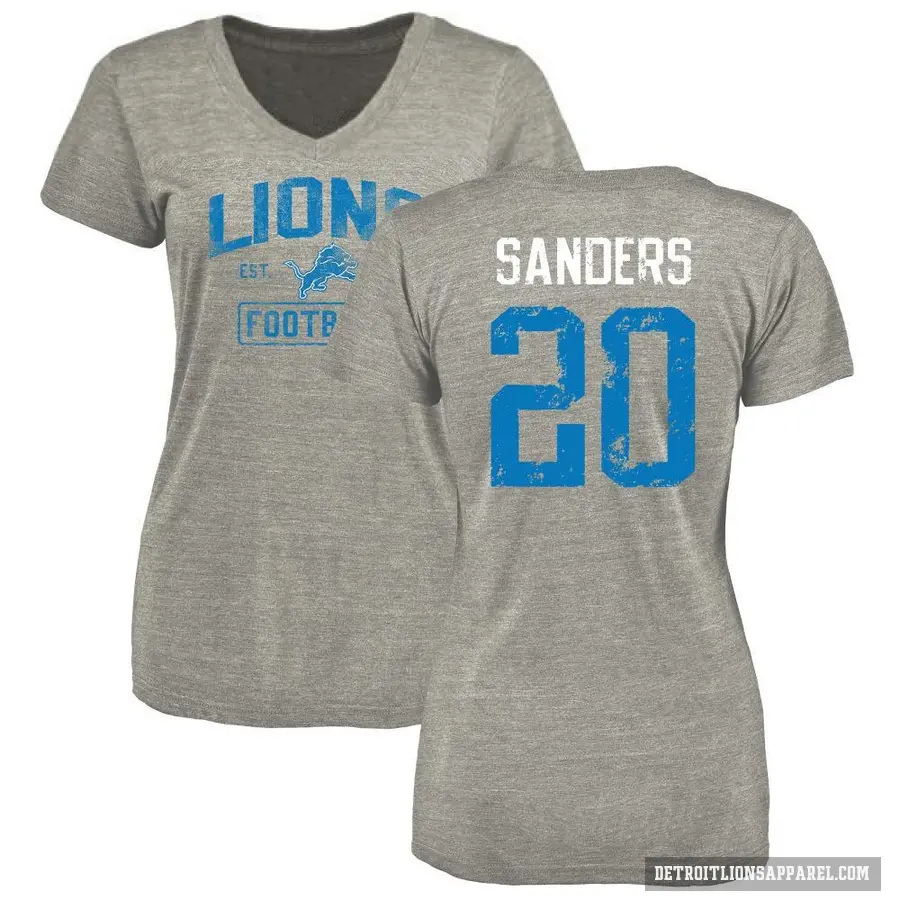 Women's ＃20 Barry Sanders Detroit Lions Gray Heather Distressed V-Neck T-Shirt