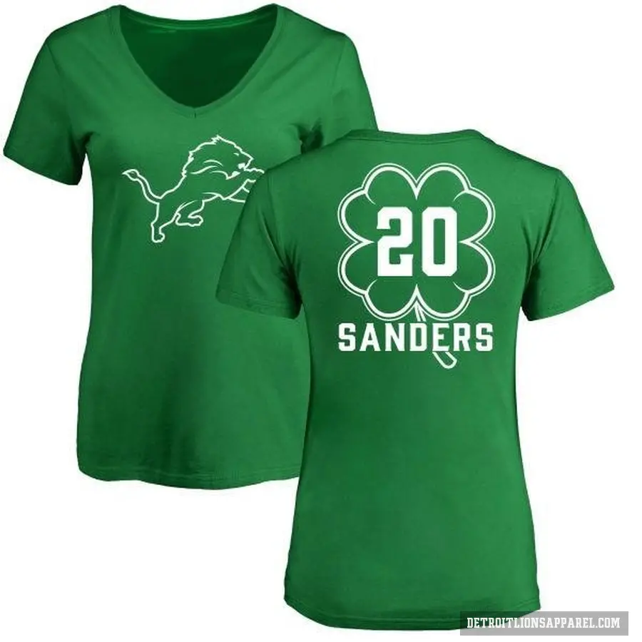 Women's ＃20 Barry Sanders Detroit Lions Green St. Patrick's Day V-Neck T-Shirt